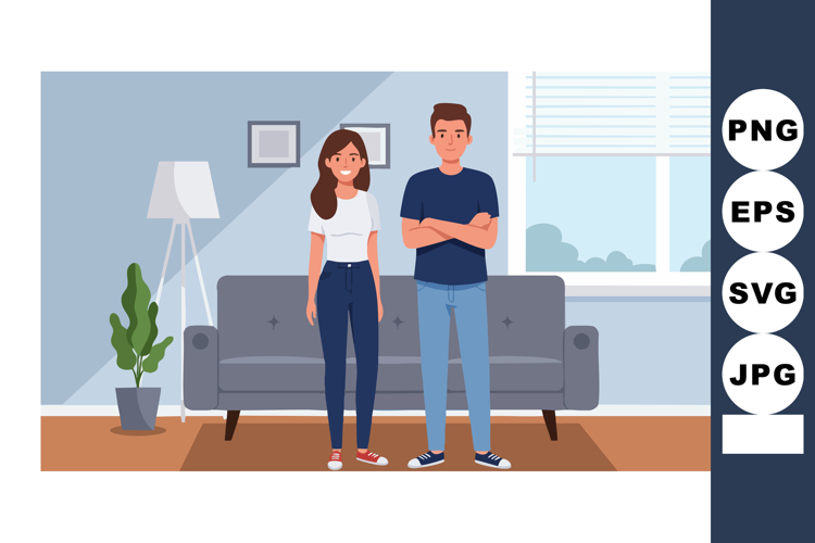 Young couple standing in living room with sofa and plant in