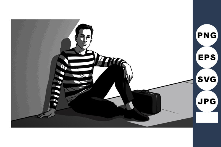 Young man sitting in shadow wearing striped shirt with brief example image 1