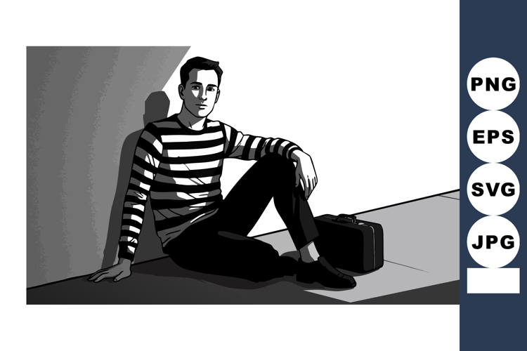 Young man sitting in shadow wearing striped shirt with brief