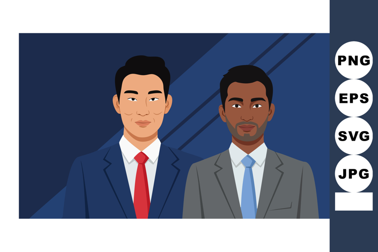 Two business men in suits with ties standing together in off