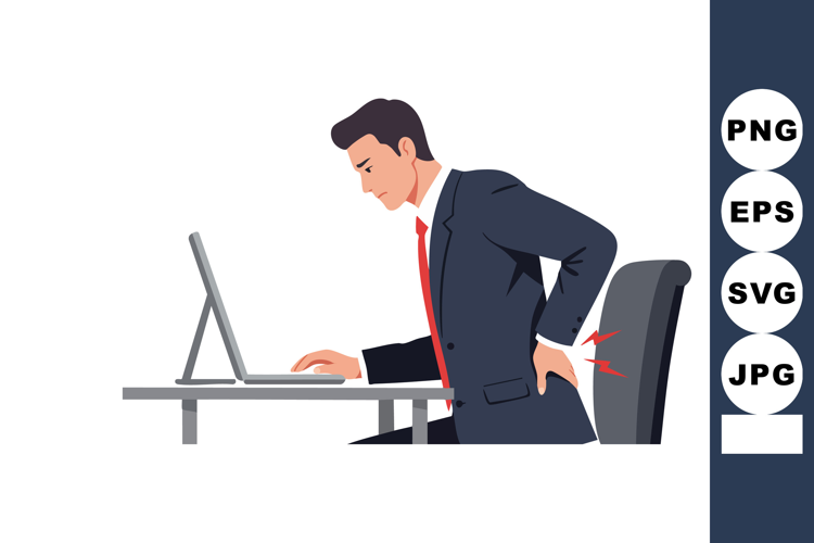 Man experiencing back pain while working at computer desk in