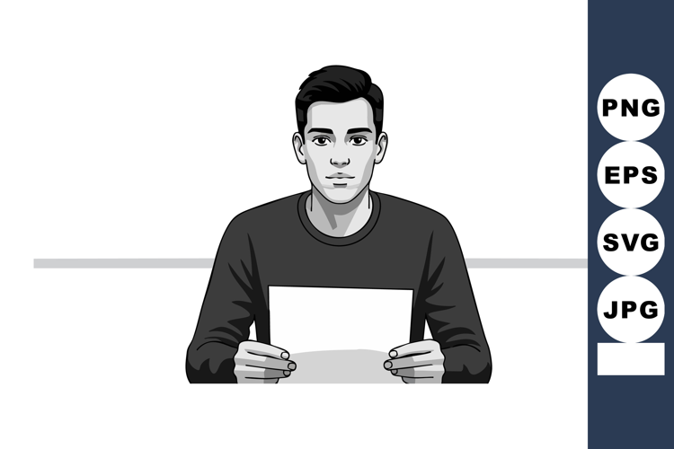 Man holding paper sitting at table in black and white vector