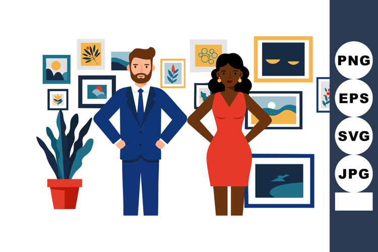 Businessman and businesswoman standing confidently in modern