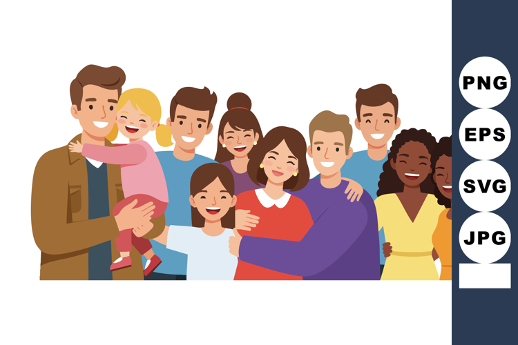 Diverse group of happy people hugging and smiling in casual