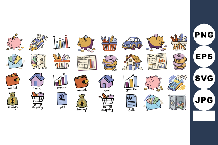 Whimsical Doodle Finance Icons Banner Pastel Vector
