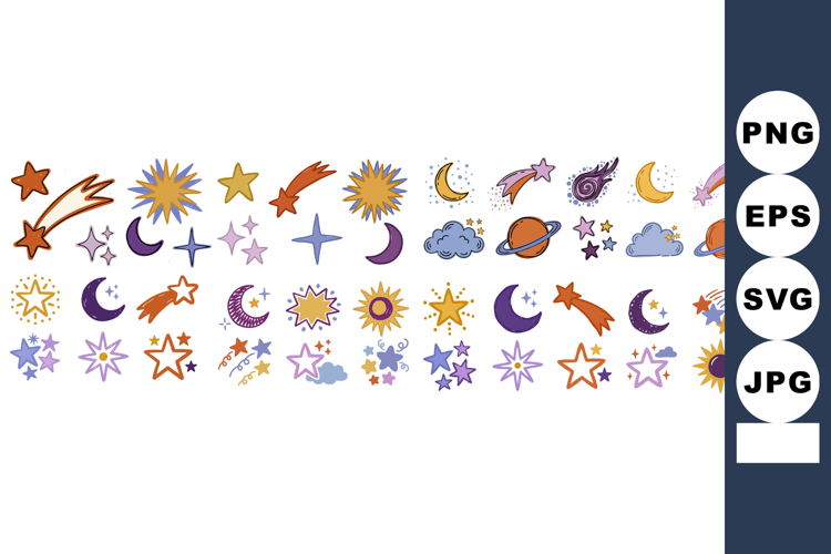 Whimsical Hand Drawn Sticker Sheet: Stars Moons Suns Planets