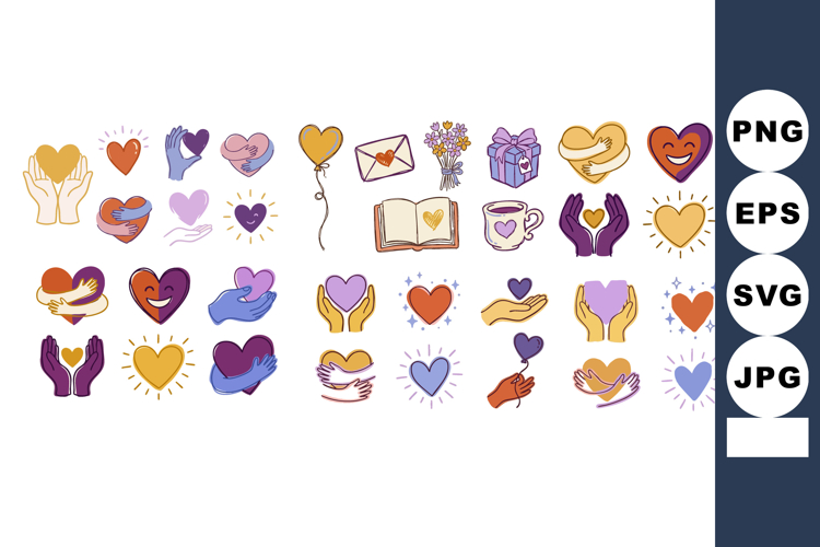 Whimsical Flat Heart Hands Sticker Sheet - Vector Icons