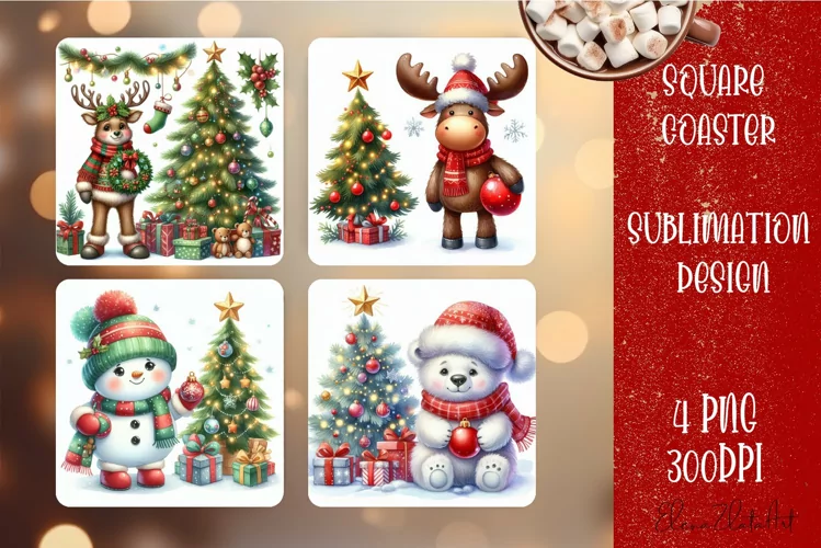 Christmas santa claus animal Sublimation Coaster Design