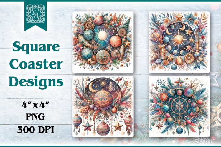 Celestial Christmas Coaster Design, 4 PNG