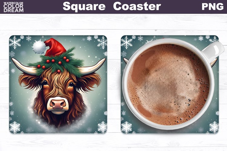 Highland Cow Square Coaster | Christmas Cow Coaster PNG example image 1