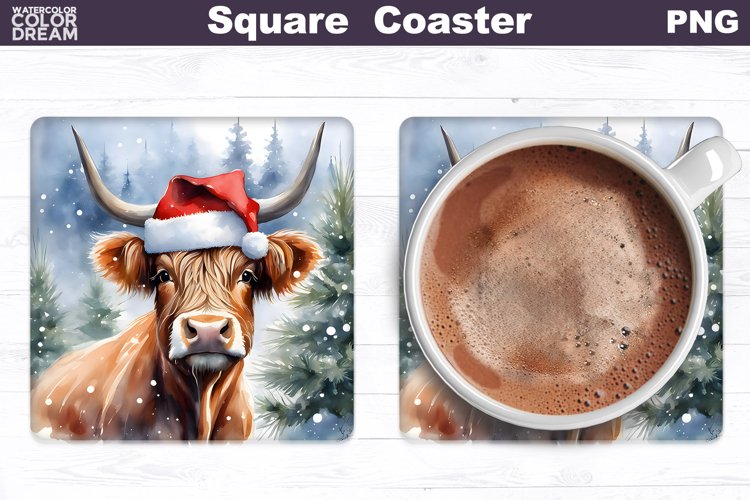 Highland Cow Square Coaster | Christmas Cow Coaster PNG