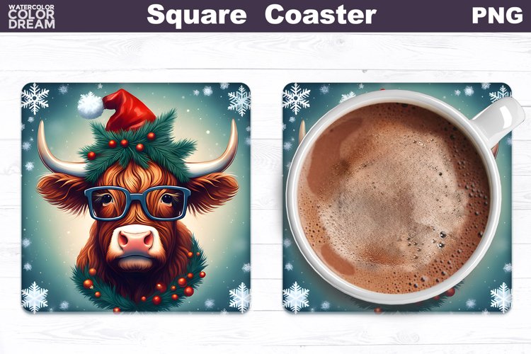 Highland Cow Square Coaster | Christmas Cow Coaster PNG example image 1