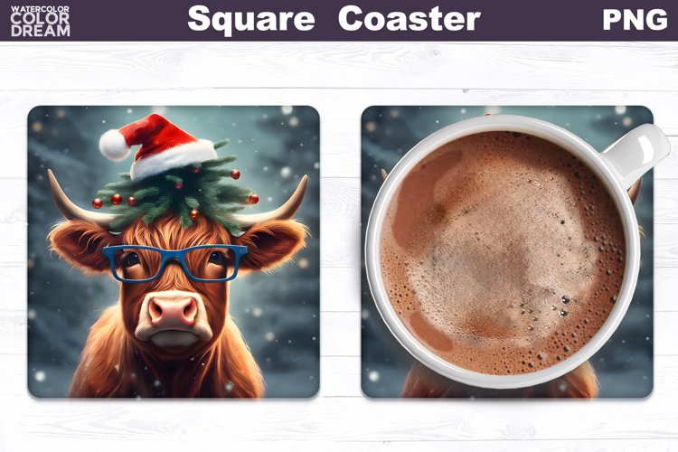 Highland Cow Square Coaster | Christmas Cow Coaster PNG example image 1