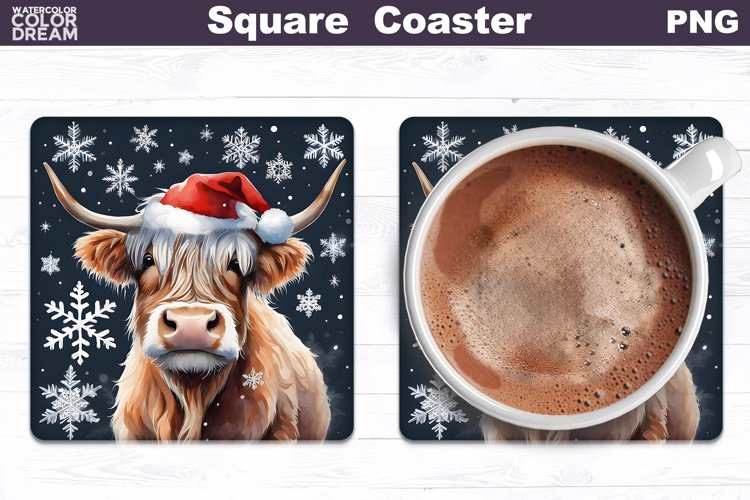 Highland Cow Square Coaster | Christmas Cow Coaster PNG