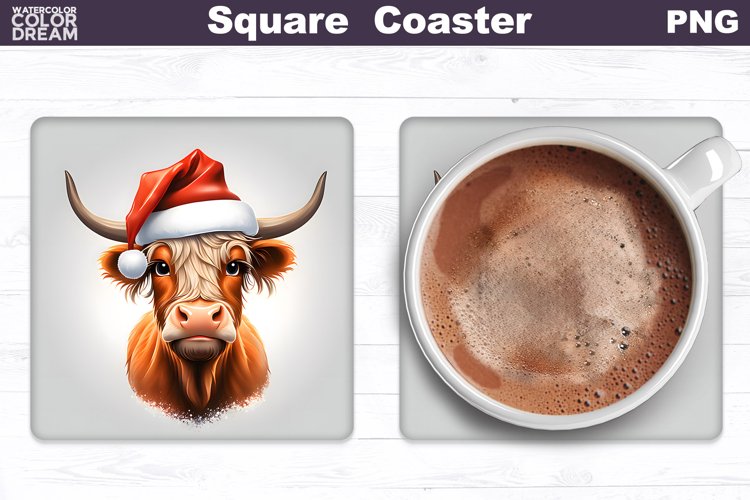 Highland Cow Square Coaster | Christmas Cow Coaster PNG example image 1
