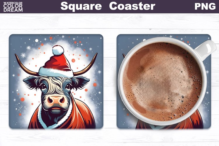 Highland Cow Square Coaster | Christmas Cow Coaster PNG example image 1