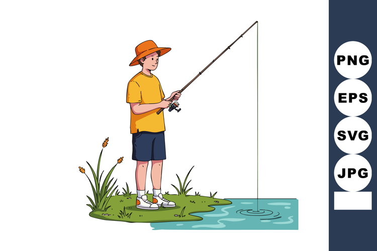 Boy fishing with rod standing on grassy riverbank wearing or