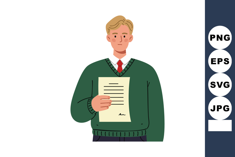 Young man holding document in green sweater and red tie vect