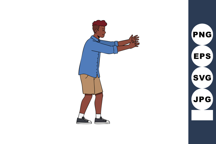 Young man in blue shirt and beige shorts stretching arms for