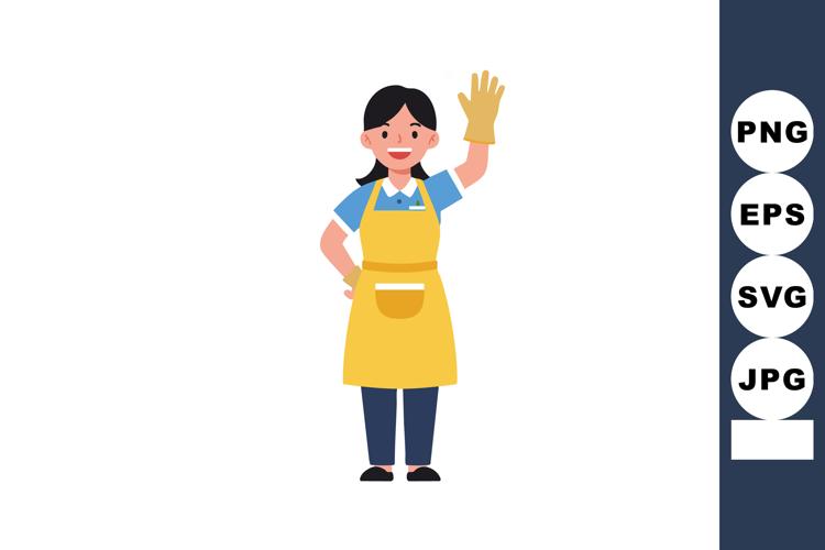 Woman wearing yellow apron and glove waving hand standing ve