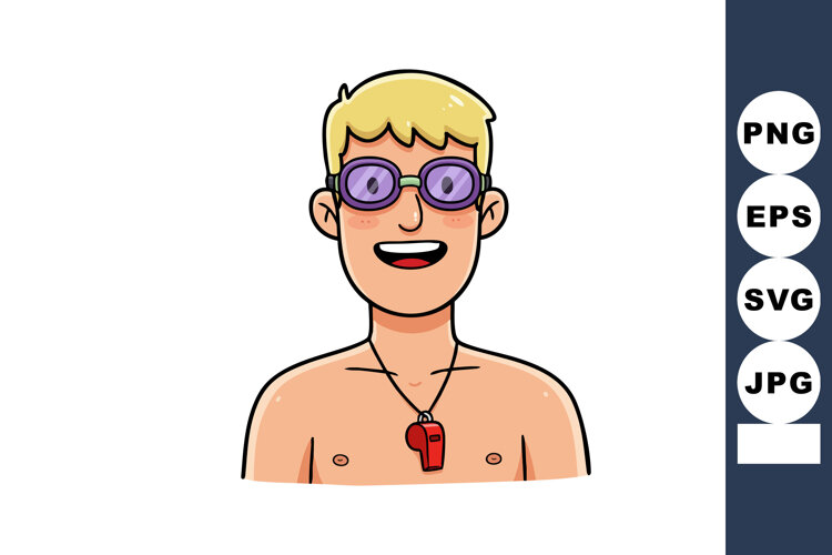 Blonde lifeguard wearing purple goggles and red whistle smil example image 1