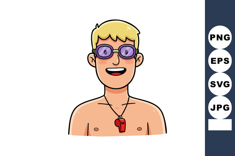 Blonde lifeguard wearing purple goggles and red whistle smil
