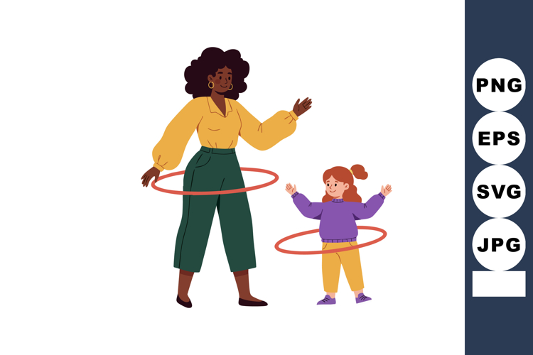 Woman and child playing with hula hoops in casual clothes ve