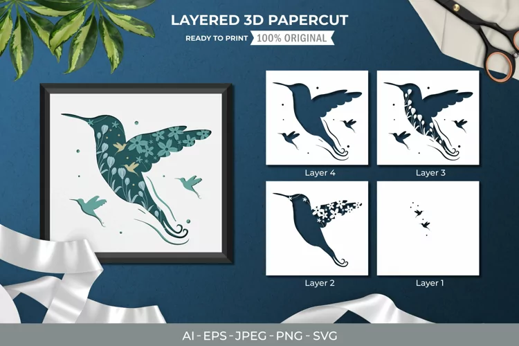 3D Papercut Hummingbird Layered Template
