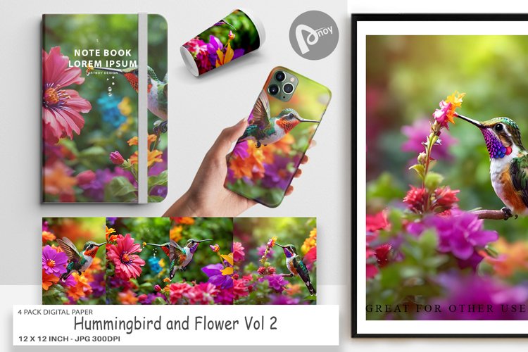 Digital Paper Hummingbird and Flower