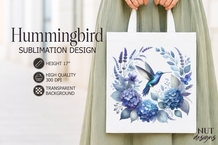 Botanical Summer sublimation Blue Floral Hummingbird