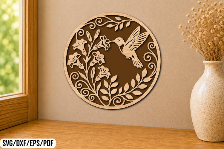 Hummingbird Floral Round Laser Cut SVG