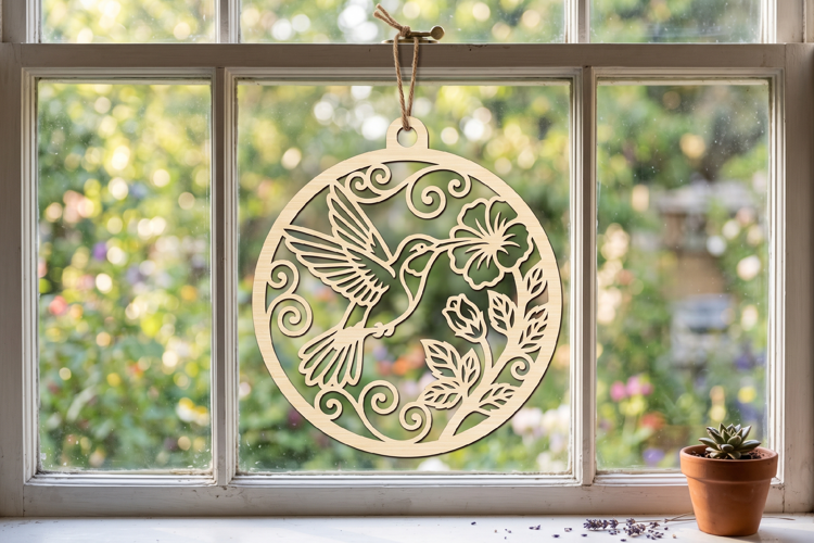 Hummingbird Floral Wood Ornament Design, Ornament SVG File