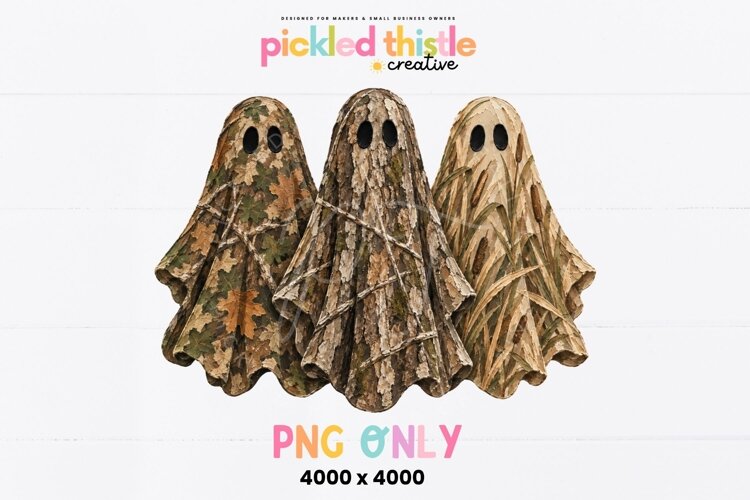 Digital PNG featuring three sheet ghosts covered in different hunting-inspired camouflage patterns, including woodland leaves, textured tree bark and marsh grasses.