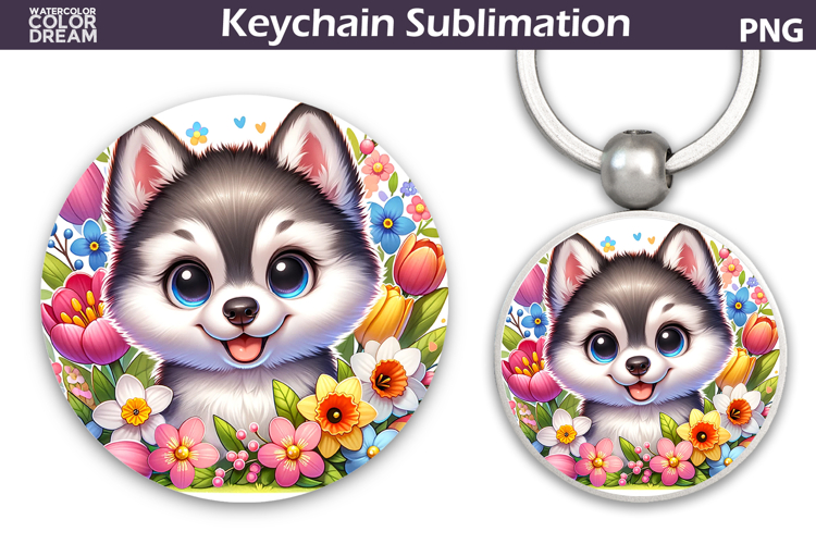 Husky Round Keychain | Dog Floral Key Keychain