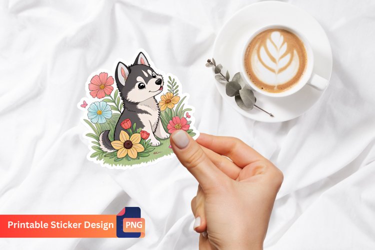 Husky Puppy Flowers Sticker, Floral Husky Sticker
