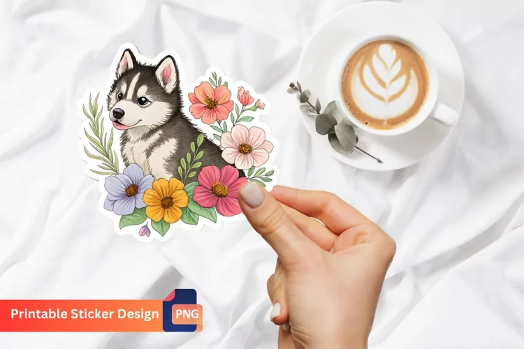 Husky Puppy Flowers Sticker, Floral Husky Sticker