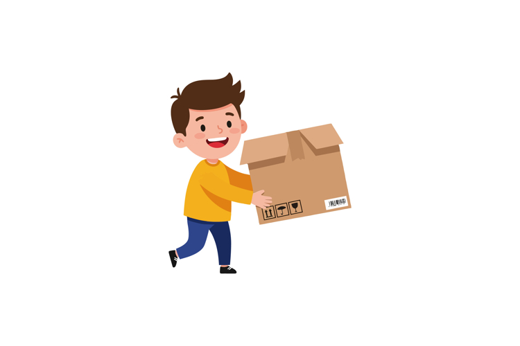 Happy child carrying a cardboard box in a flat vector illust