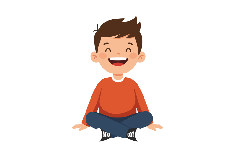 Happy child sitting cross-legged in flat vector illustration