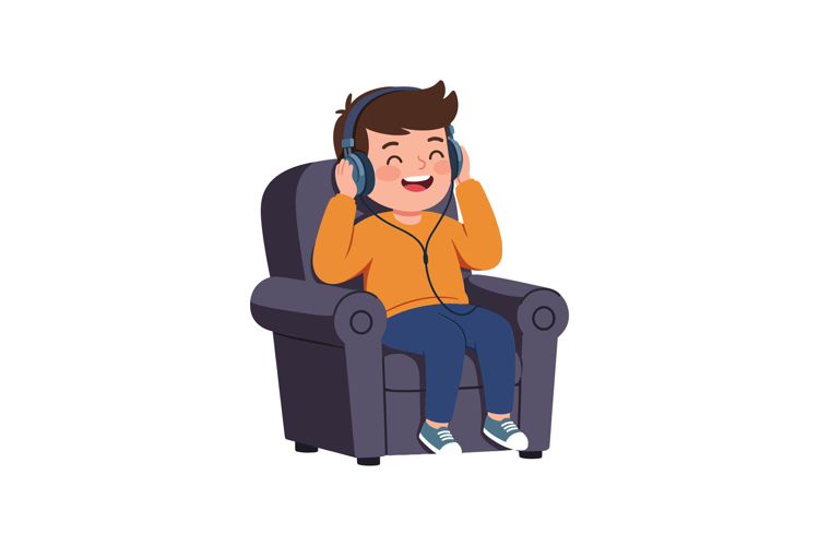 Happy child listening to music in a comfy chair flat vector