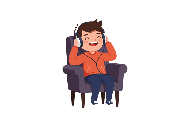 Happy boy enjoying music while sitting in a comfortable chai