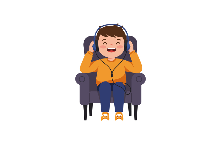 Happy child enjoying music while sitting in a cozy chair vec