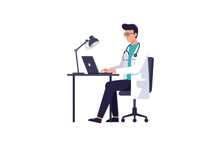 Doctor working on laptop at a desk in flat vector art