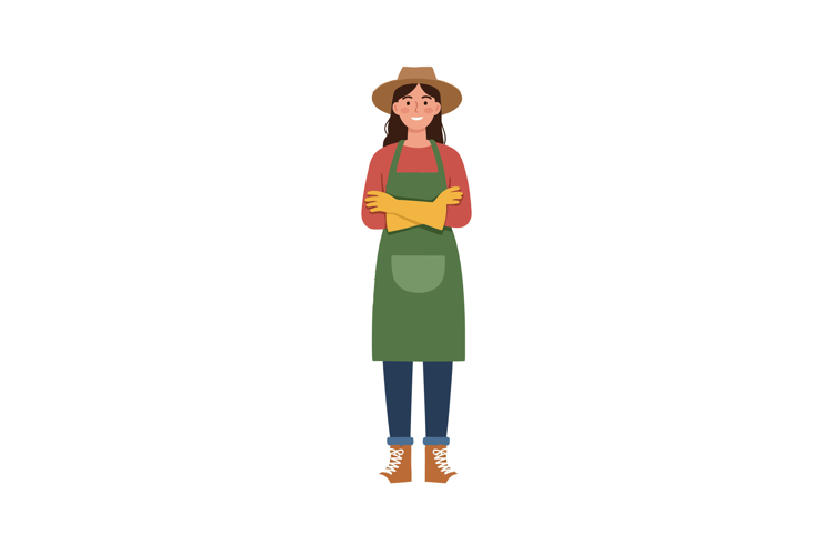 Woman in green apron with yellow gloves in flat vector art