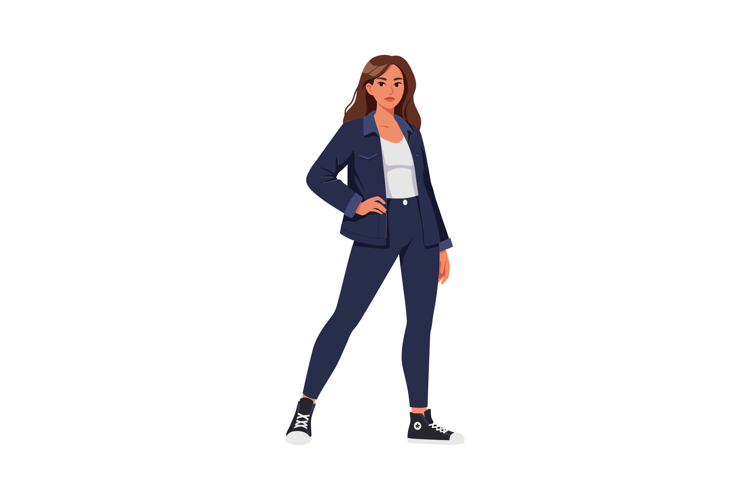 Young woman in casual outfit standing confidently in flat ve