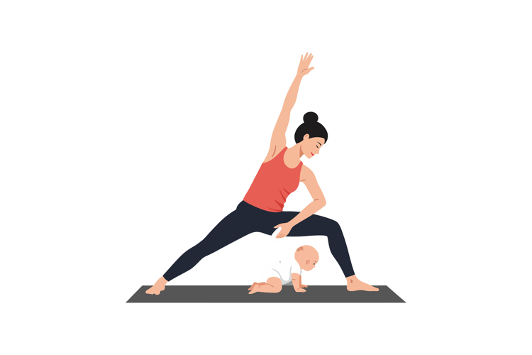 Woman practicing yoga with baby in a flat vector illustratio