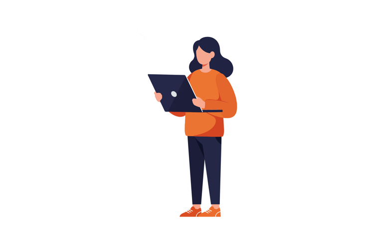 Person holding laptop in flat style vector illustration desi
