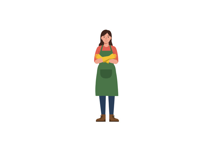 Woman wearing green apron with gloves in flat vector illustr example image 1