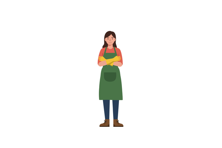 Woman wearing green apron with gloves in flat vector illustr