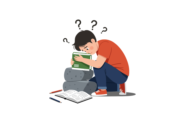 Confused student struggling with homework in flat vector art