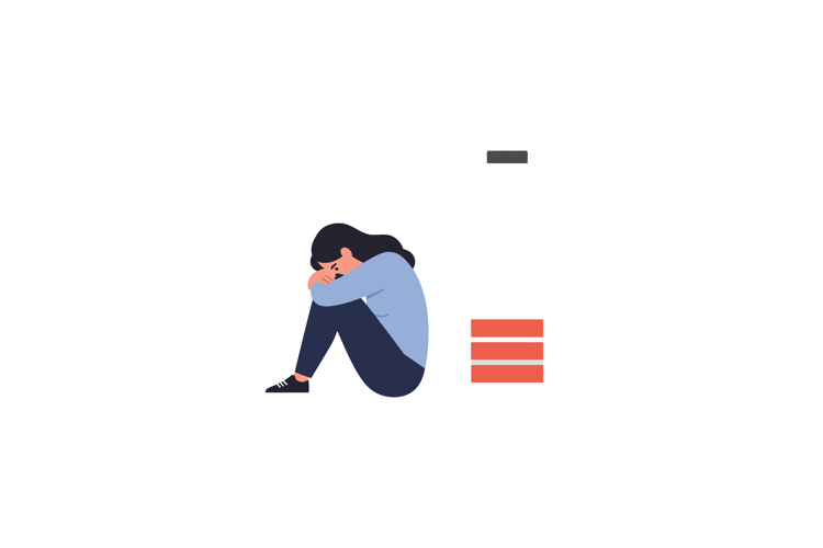 Emotional woman sitting curled up in a minimal vector illust
